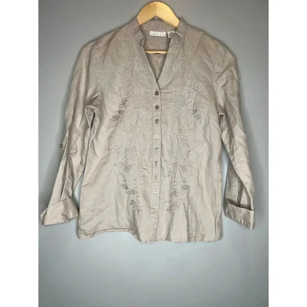 Tweed button down pullover top embroidered button down 100% linen size Medium